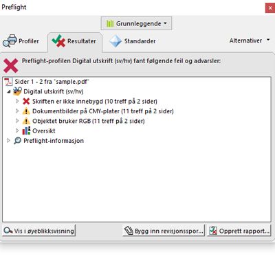 Dialogboksen Preflight med problemobjekter