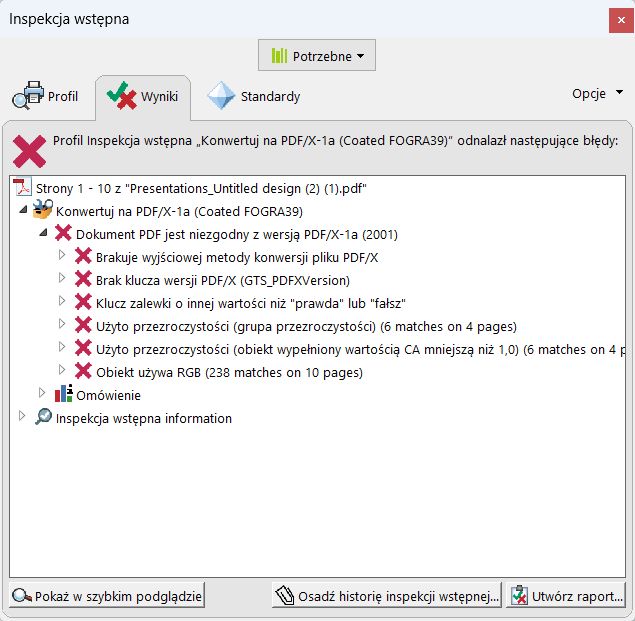 Okno dialogowe Inspekcja wstępna z wyświetlonymi problemami