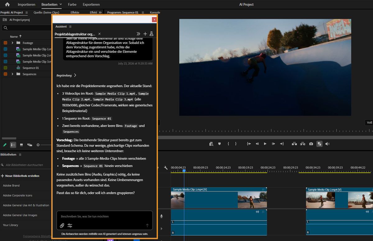 Das KI-Assistent-Bedienfeld in Premiere zeigt eine Unterhaltung, die Projektmedien in Ablagen organisiert und zusätzliche Bearbeitungsaufgaben vorgeschlagen hat.