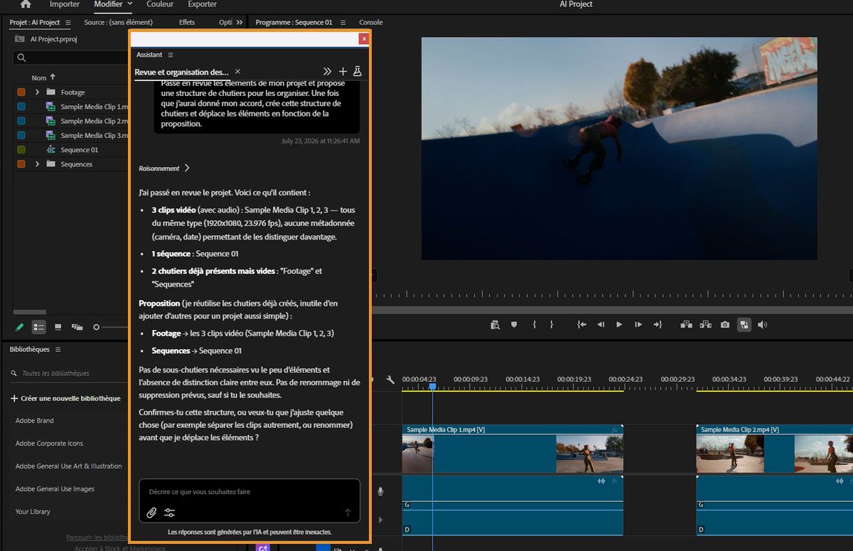 Panneau Assistant IA dans Premiere affichant une conversation qui a organisé les médias du projet en dossiers et suggéré des tâches de montage supplémentaires.