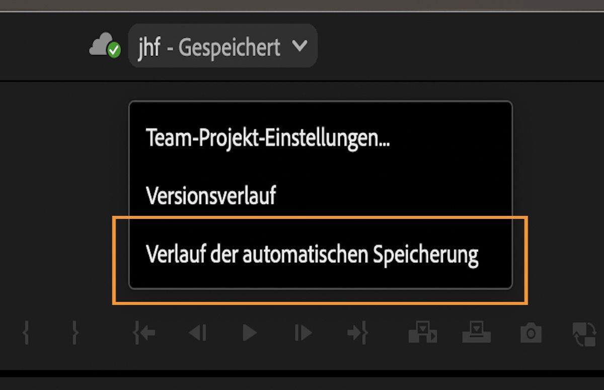 Ein Screenshot, der das Menü mit den Team-Projekt-Einstellungen, dem Versionsverlauf und dem automatischen Speicherverlauf anzeigt, kann über die Premiere Pro-Kopfleiste aufgerufen werden.