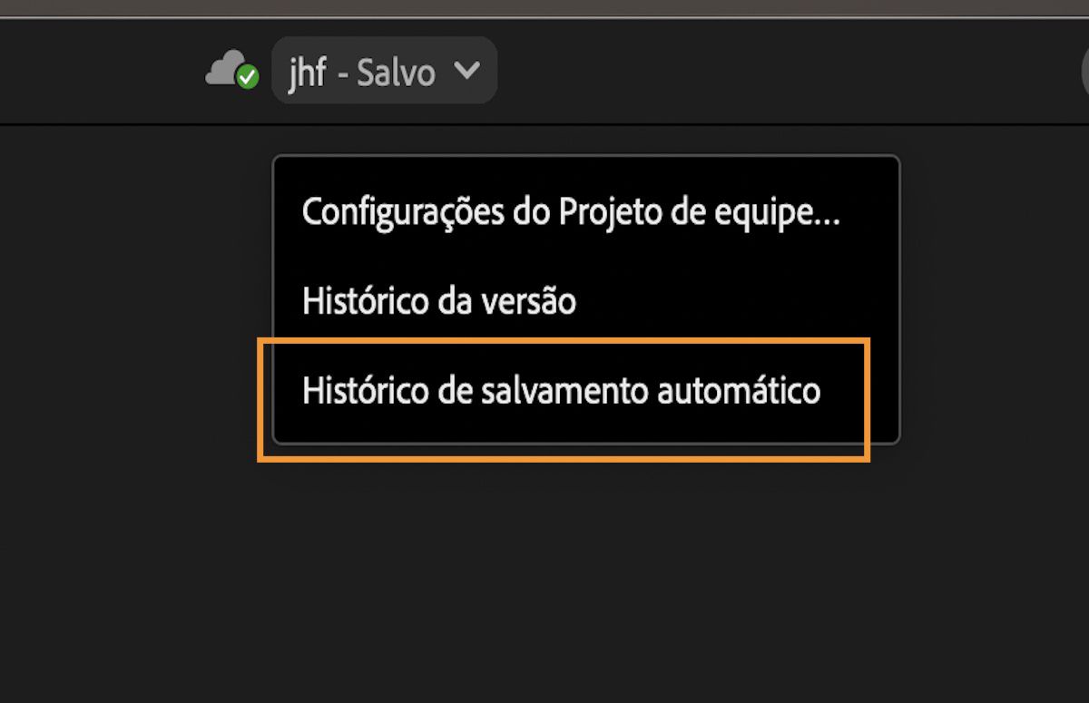 Uma captura de tela que mostra o menu com as configurações dos projetos de equipe, o histórico da versão e o histórico de salvamento automático que podem ser acessados na barra de cabeçalho do Premiere Pro.