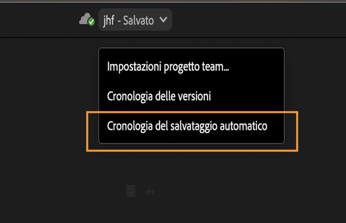 Schermata che mostra il menu Impostazioni Team Projects, la Cronologia versioni e la Cronologia del salvataggio automatico a cui è possibile accedere dalla barra dell’intestazione di Premiere Pro.