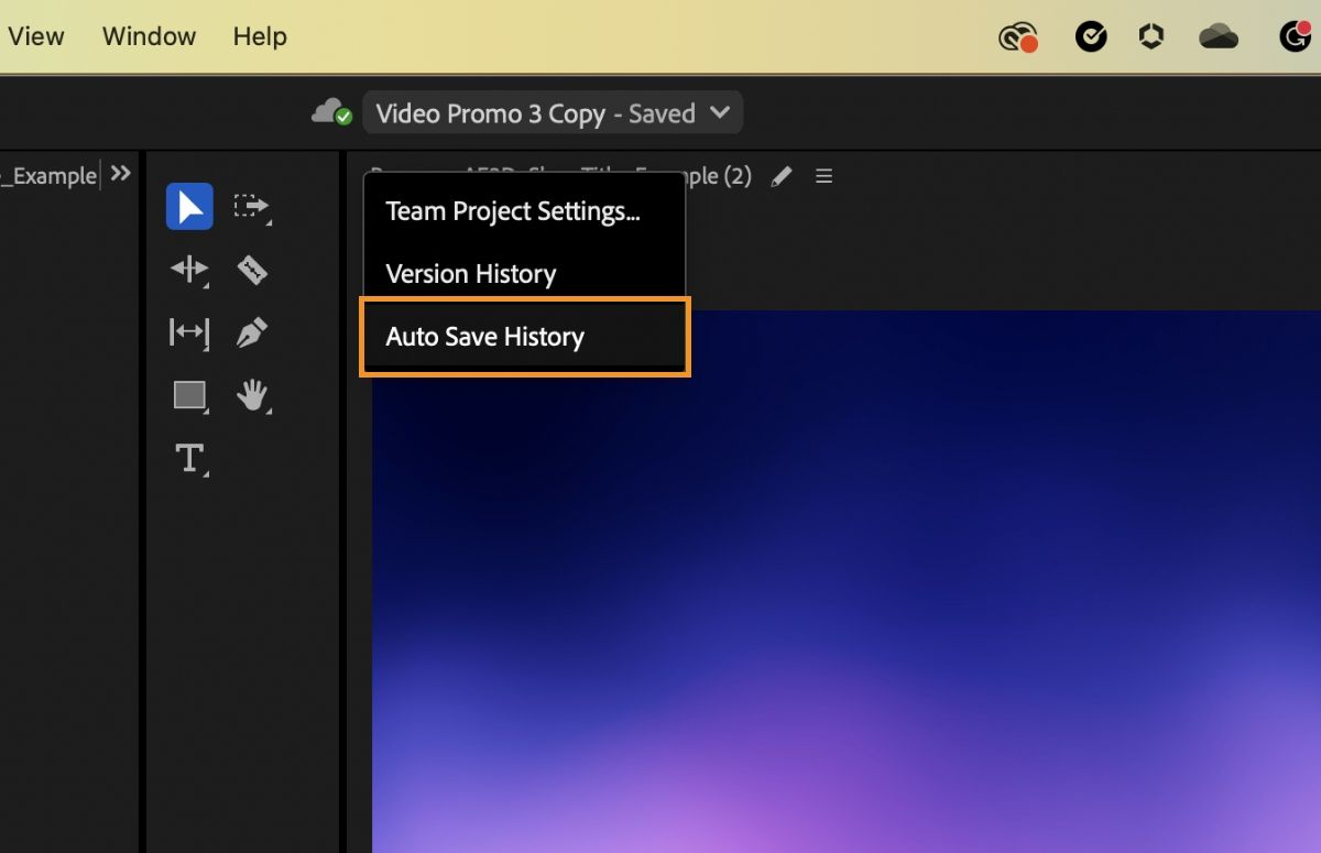 A screenshot that shows the menu with Team Projects Settings, Version History, and Auto Save History that can be accessed from the Premiere Pro header bar.