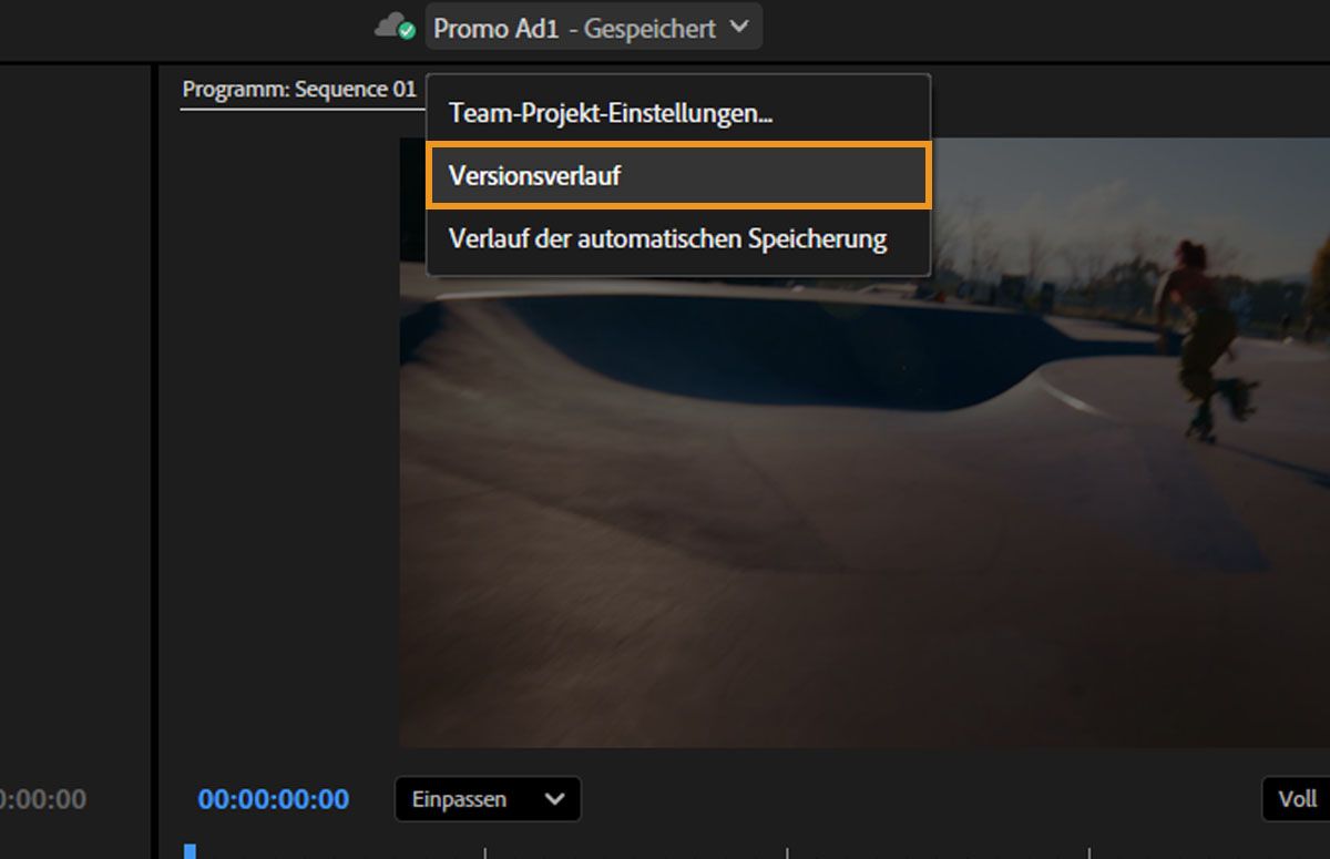 Ein Screenshot, der das Menü mit den Team Projects-Einstellungen, dem Versionsverlauf und dem automatischen Speicherverlauf anzeigt, kann über die Premiere Pro-Kopfzeile aufgerufen werden.