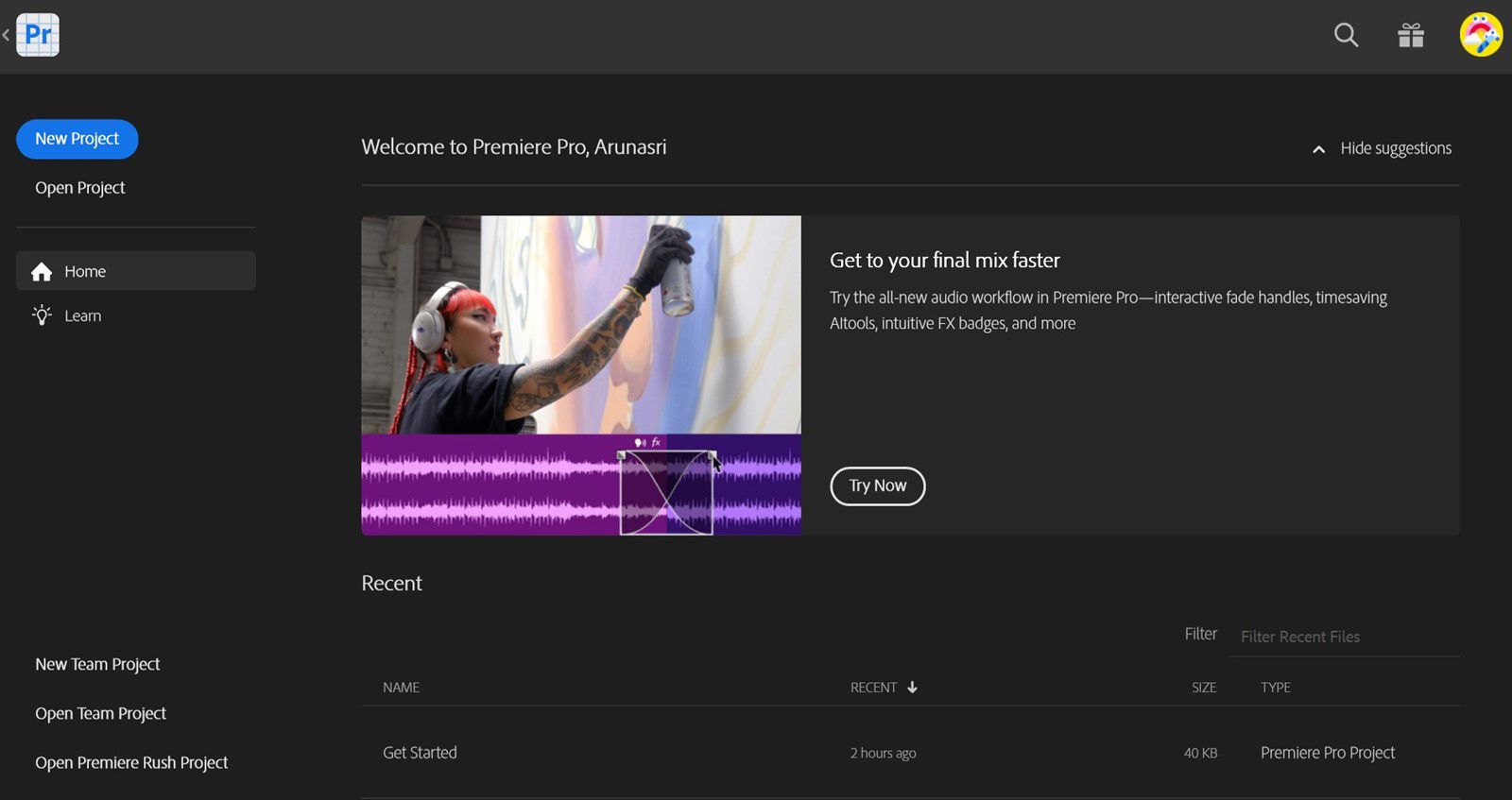 The Premiere Pro home screen when you first launch it.