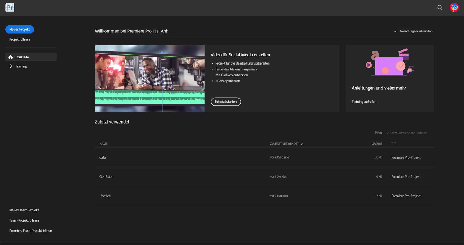 Der Premiere Pro-Startbildschirm beim ersten Start