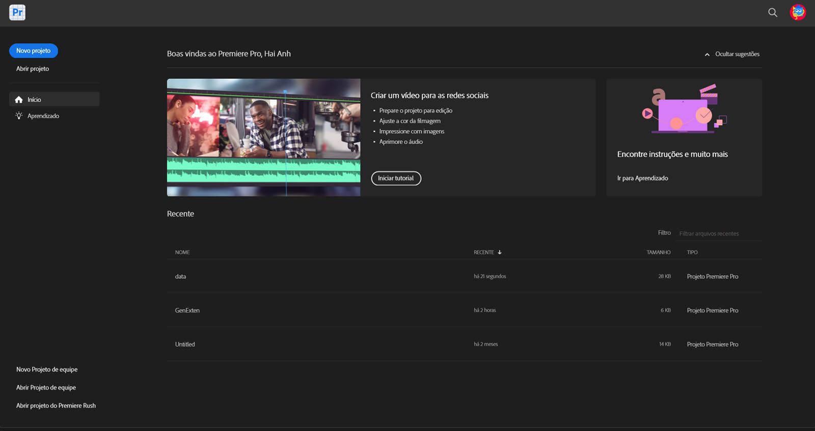 A página inicial exibida ao iniciar o Premiere Pro pela primeira vez.