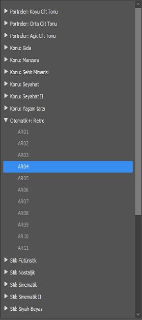Hazır Ayarlar panelindeki yeni Premium Hazır ayarlar