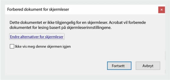 Innstillinger for å forberede dokument for skjermleser