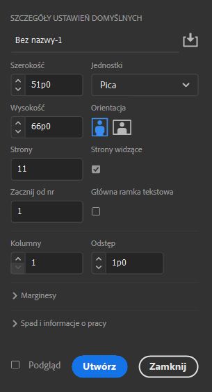 Szczegóły ustawień domyślnych