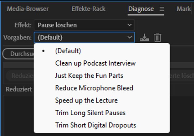 Dropdown-Liste „Voreinstellungen“