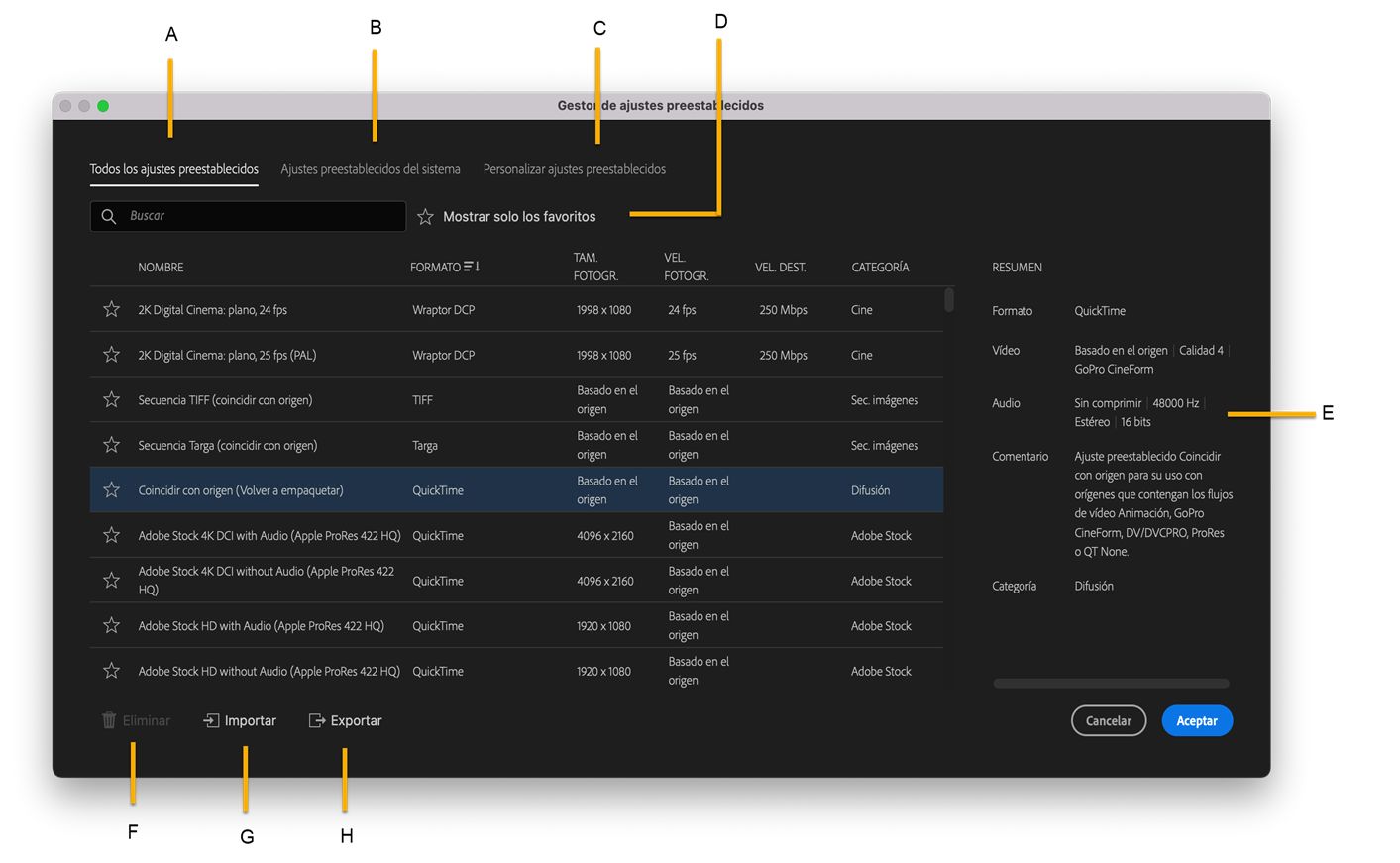 Cuadro de diálogo Gestor de ajustes preestablecidos