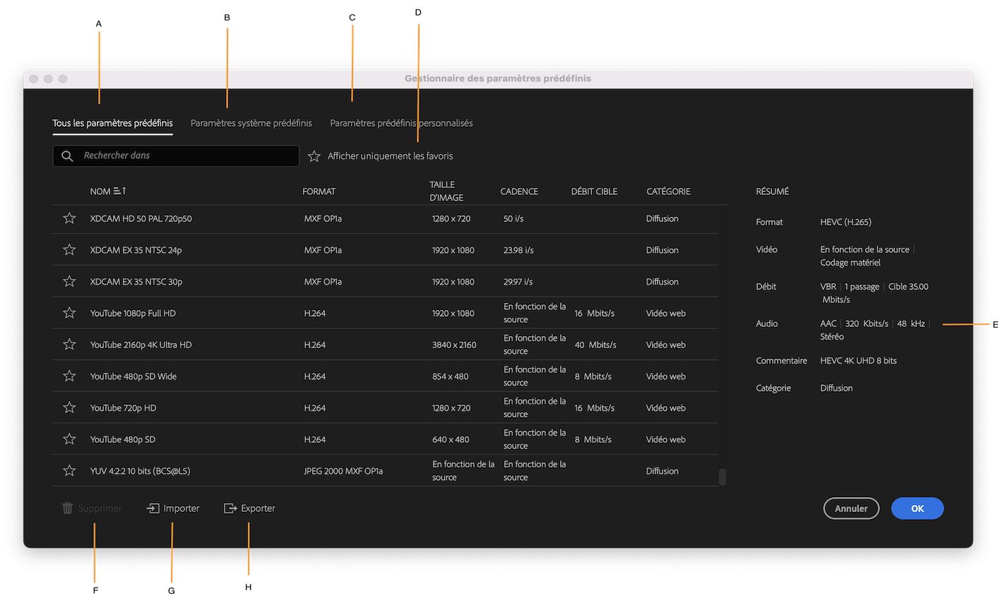 Boîte de dialogue du gestionnaire des paramèters prédéfinis