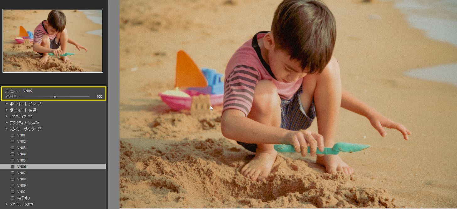 Lightroom のプリセット適用量スライダー