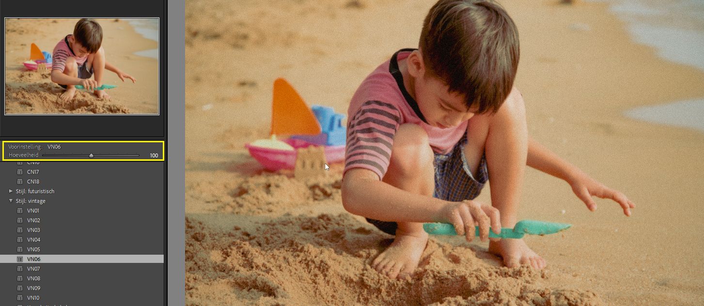 Schuifregelaar Hoeveelheid voorinstelling in Lightroom