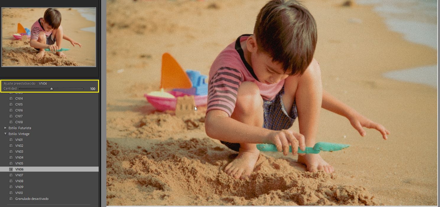 Regulador Cantidad de ajuste preestablecido en Lightroom