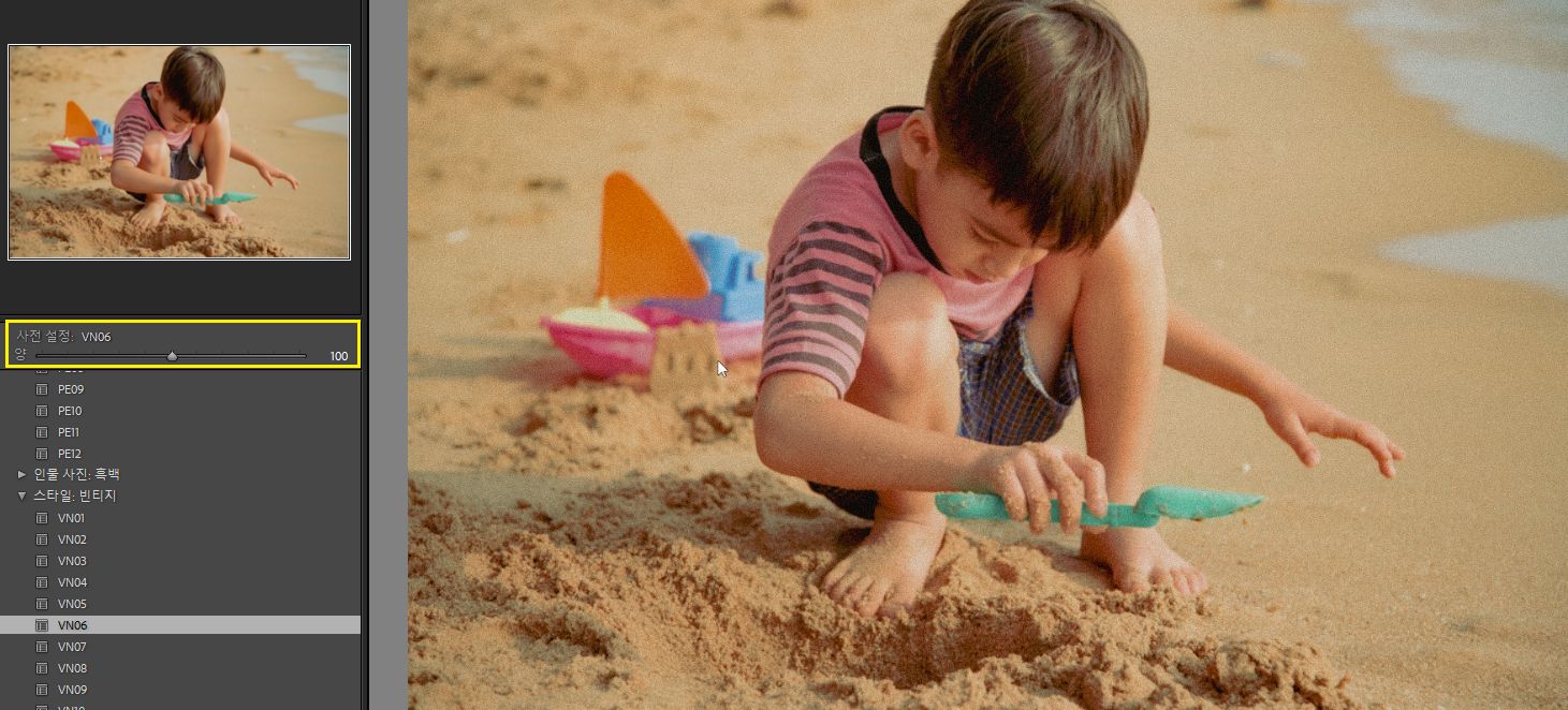 Lightroom의 사전 설정 양 슬라이더