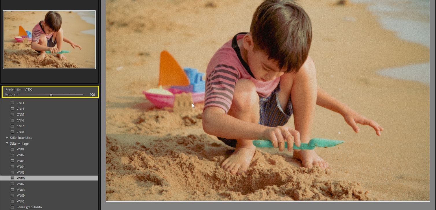 Cursore Intensità predefinito in Lightroom