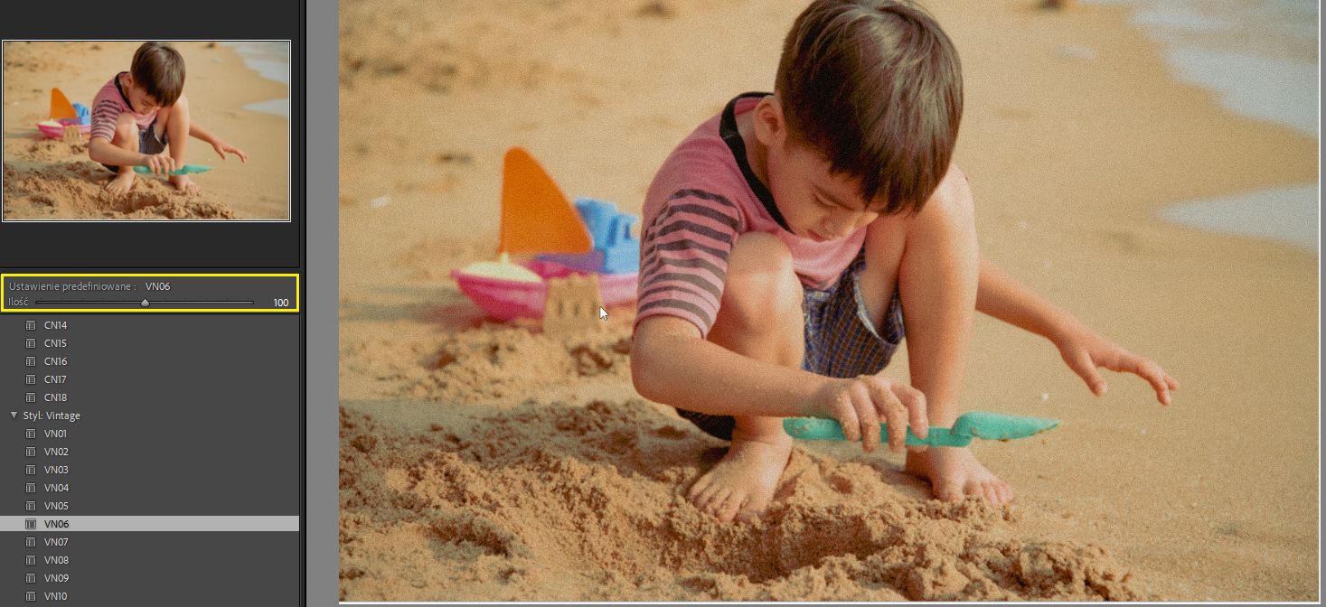 Suwak intensywności ustawienia predefiniowanego w programie Lightroom