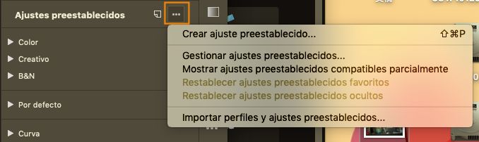 Opciones de ajustes preestablecidos