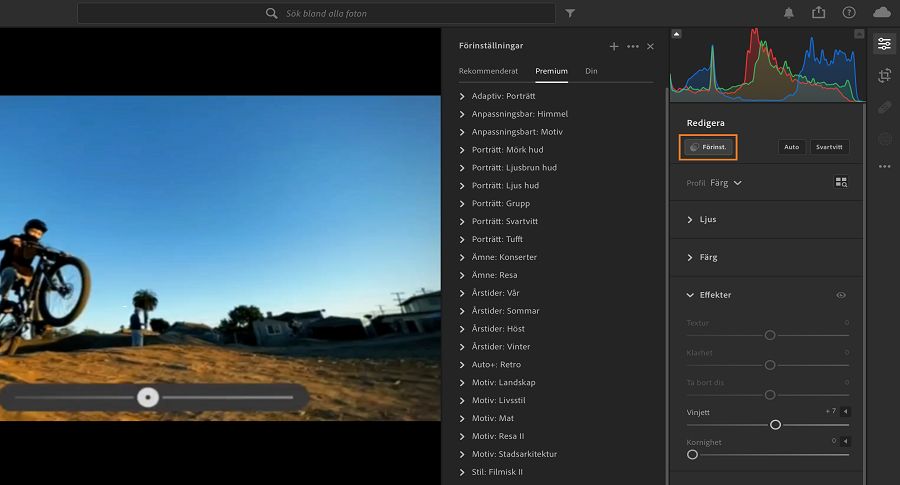 Panelen Förinställningar för redigering av videor i Lightroom.