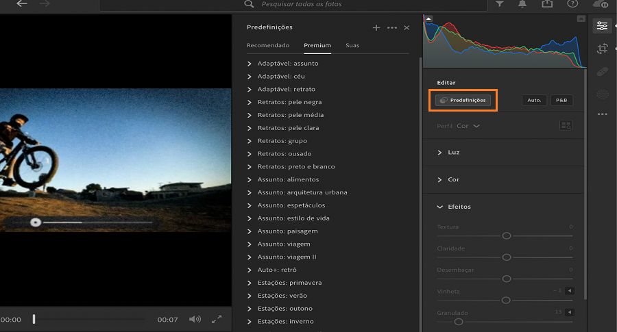 O painel Predefinições para editar vídeos no Lightroom.