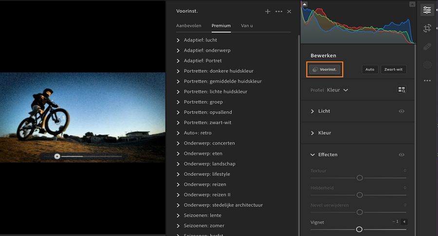 Het deelvenster Voorinstellingen voor het bewerken van video's in Lightroom.