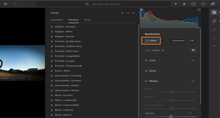 Das Bedienfeld „Presets“ zum Bearbeiten von Videos in Lightroom.