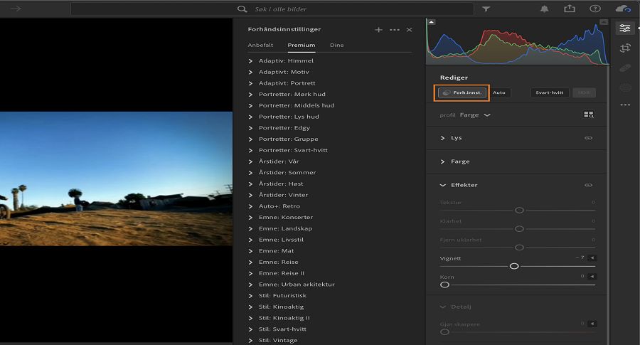 Panelet Forhåndsinnstillinger for redigering av videoer i Lightroom.