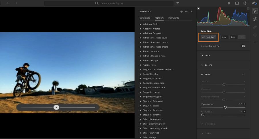 Il pannello Predefiniti per la modifica dei video in Lightroom.
