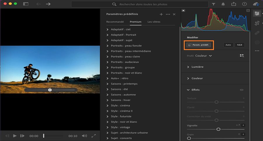 Panneau Paramètres prédéfinis pour la modification de vidéos dans Lightroom