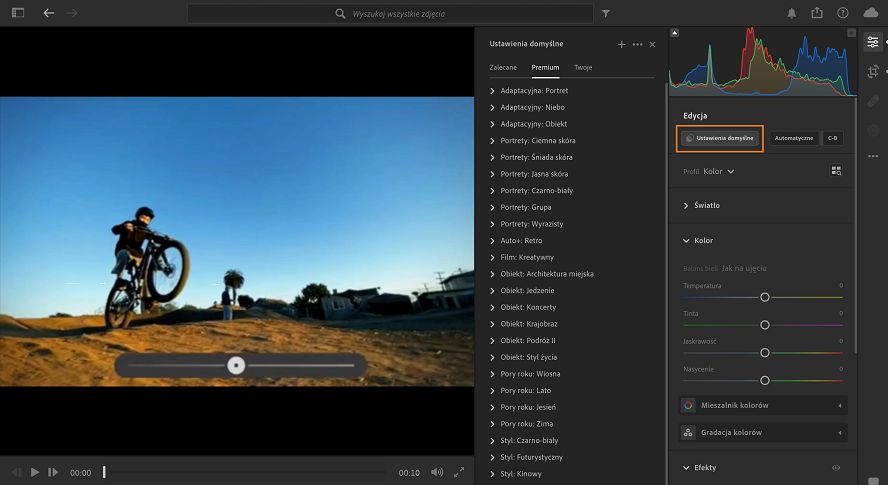 Panel Ustawienia predefiniowane do edycji materiałów wideo w programie Lightroom.