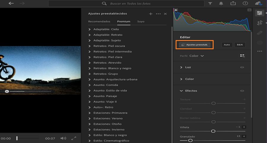 Panel Ajustes preestablecidos para la edición de vídeos en Lightroom.