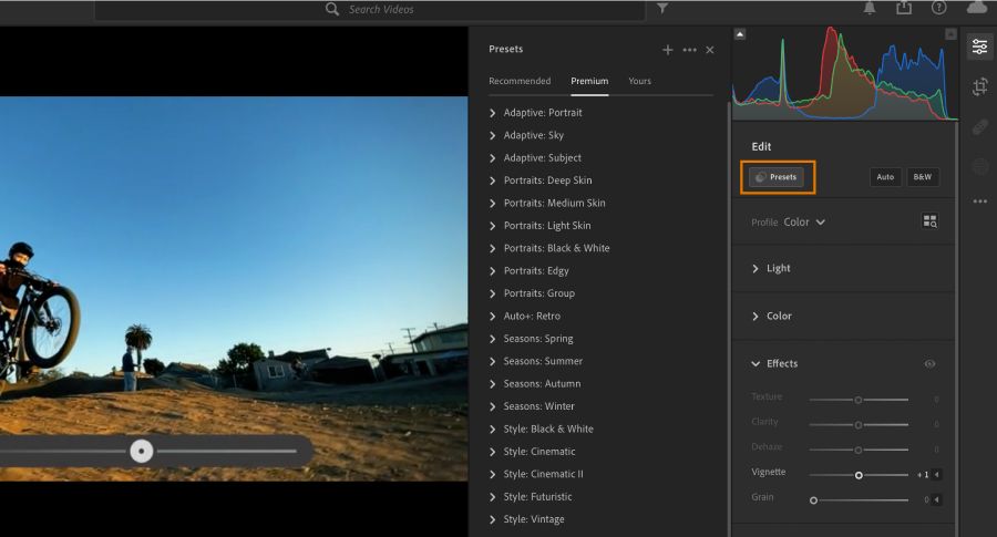 The Presets panel for editing videos in Lightroom.