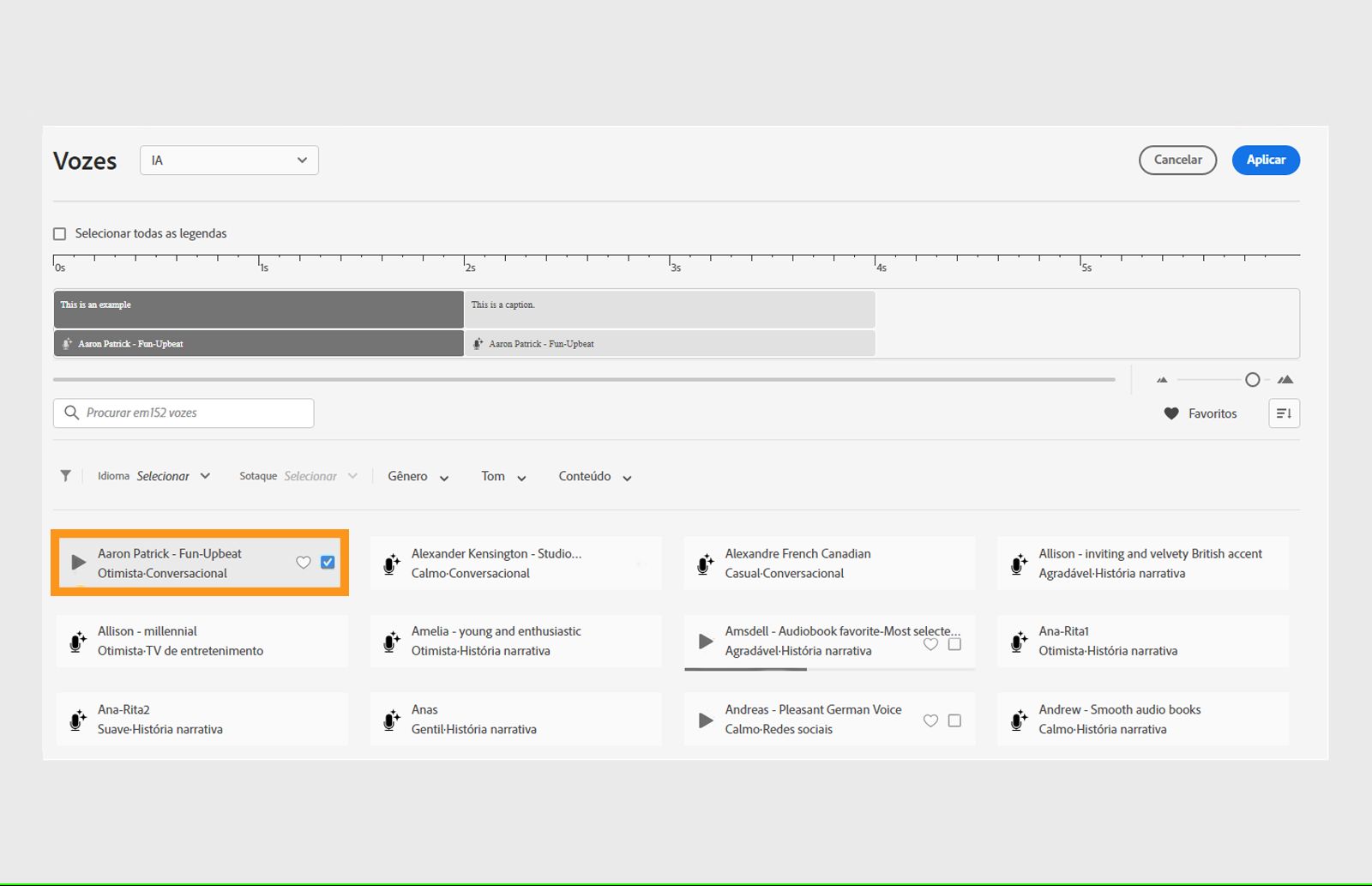 prévia de um áudio do agente de fala