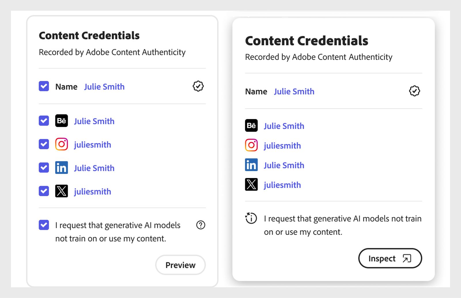 มุมมองแบบเคียงข้างกันของการดูตัวอย่าง Content Credentials และการแสดงผลขั้นสุดท้าย ซึ่งแสดงชื่อที่ได้รับการยืนยันแล้ว บัญชีโซเชียลมีเดียที่เชื่อมต่อ (Behance, Instagram, LinkedIn, X) และการตั้งค่าที่ระบุว่าโมเดล Generative AI ไม่ควรฝึกด้วยเนื้อหาหรือใช้เนื้อหา