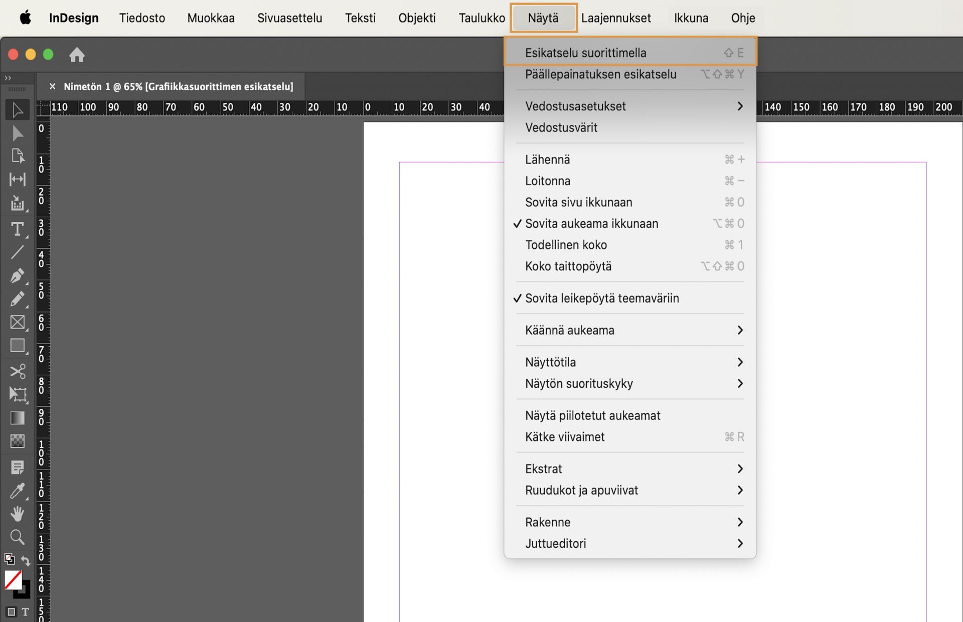 Jos haluat siirtyä Suorittimen esikatselu ‑tilaan, valitse Näytä > Esikatselu suorittimella.