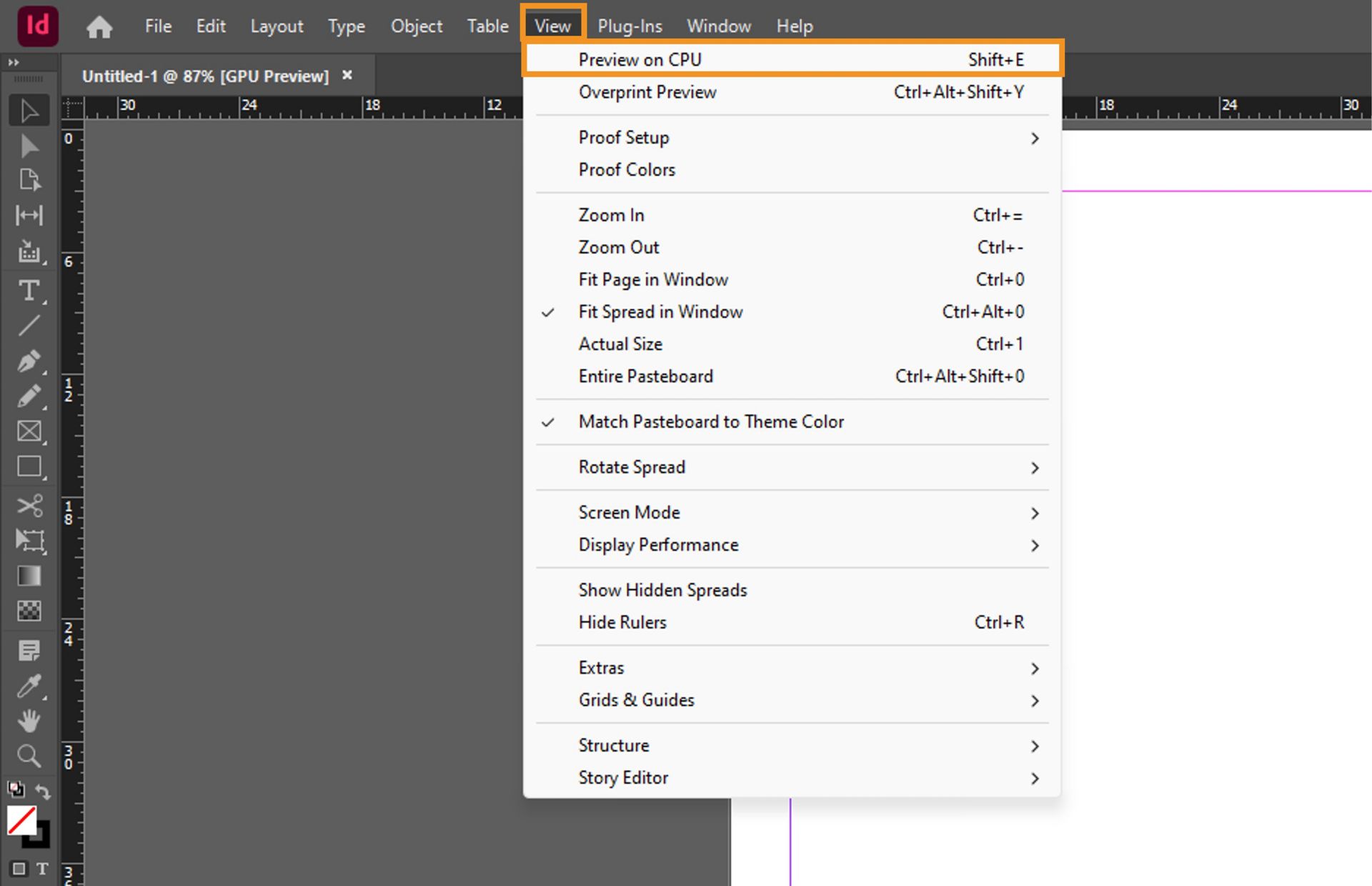 To switch to CPU Preview, go to View > Preview on CPU.