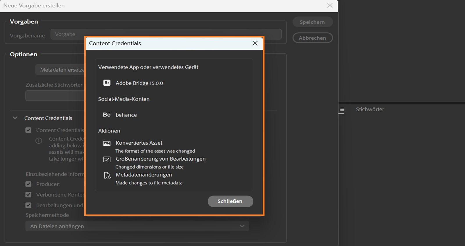Das Dialogfeld „Vorschau“ mit den Content Credentials-Einstellungen für das Medienelement wird geöffnet.
