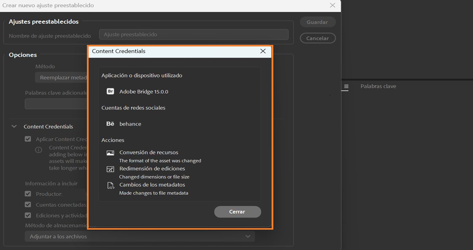 Se abre el cuadro de diálogo de vista previa, que muestra la configuración de Content Credentials del activo.