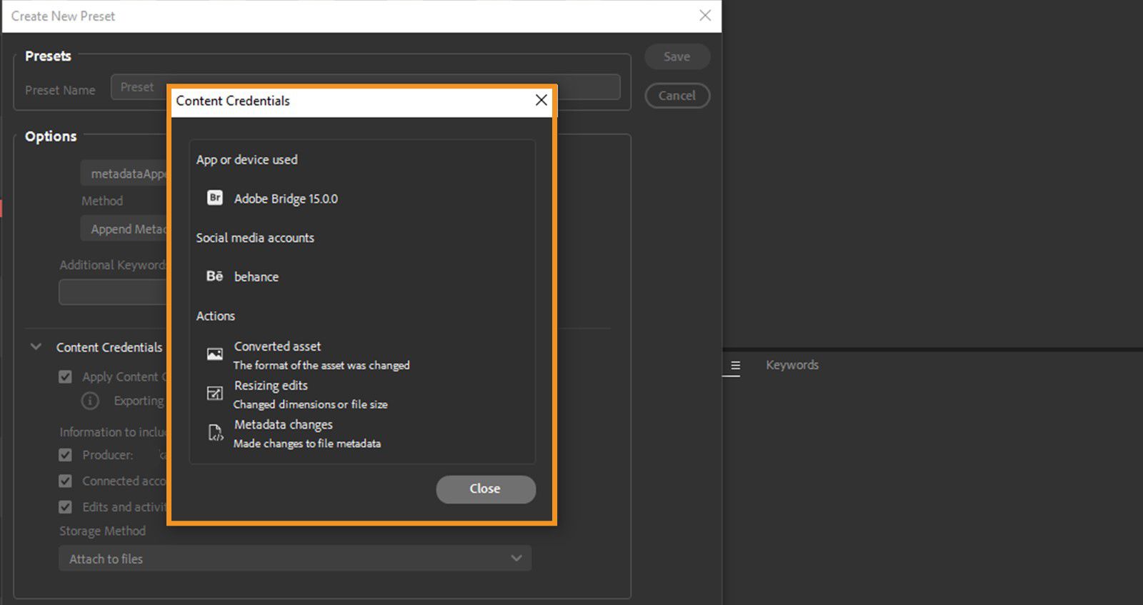 Preview dialog is opened showcasing Content Credentials settings for the asset.