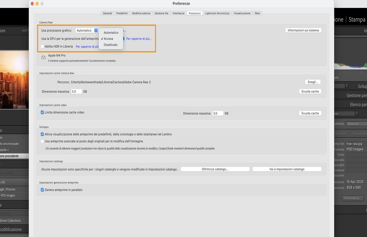 Nel pannello Preferenze in Lightroom Classic è evidenziata la funzionalità per utilizzare una GPU per la generazione dell'anteprima.