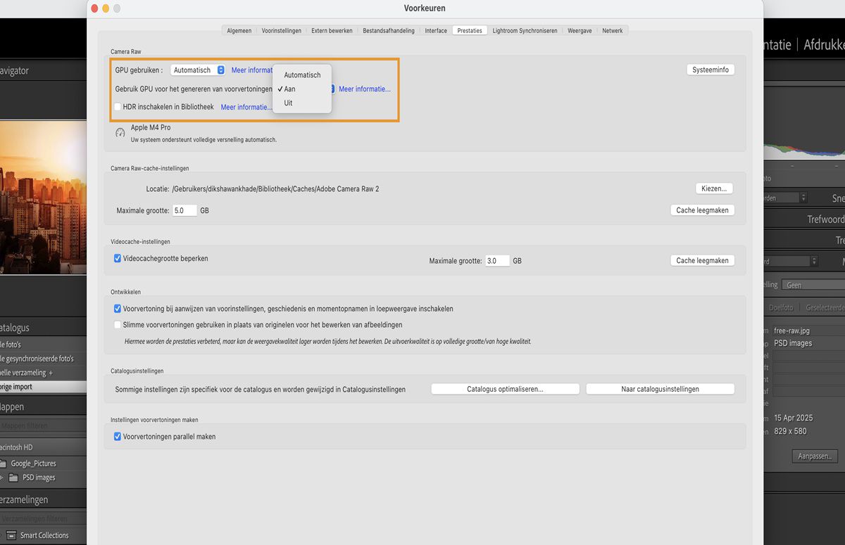 Het deelvenster Voorkeuren in Lightroom Classic dat de functionaliteit markeert om een GPU te gebruiken voor het genereren van voorvertoningen. 