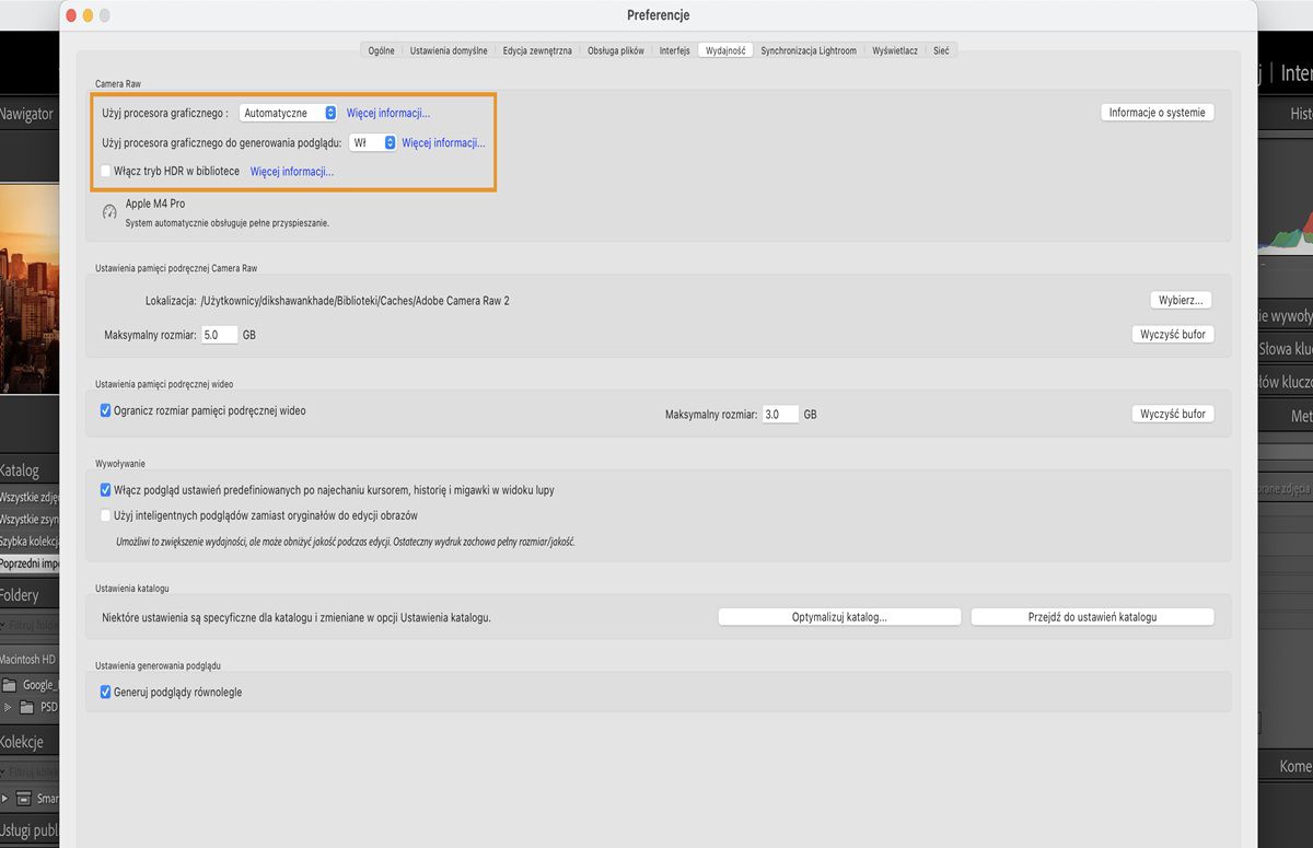 Panel Preferencje w programie Lightroom Classic z podświetloną funkcją używania procesora graficznego do generowania podglądu. 