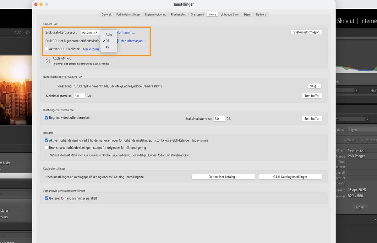 Preferansepanelet i Lightroom Classic som fremhever funksjonaliteten for å bruke en GPU til generering av forhåndsvisning. 