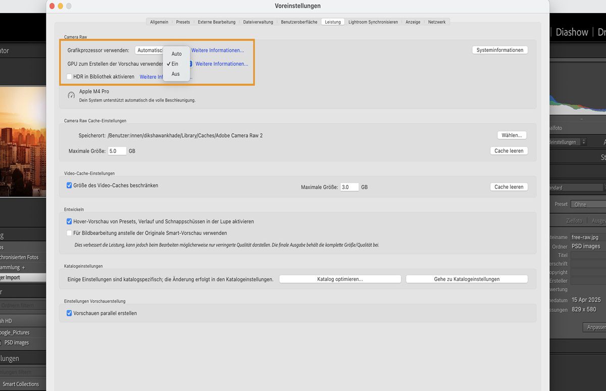 Das Einstellungsfenster in Lightroom Classic, das die Funktion zur Verwendung einer GPU für die Vorschaugenerierung hervorhebt.