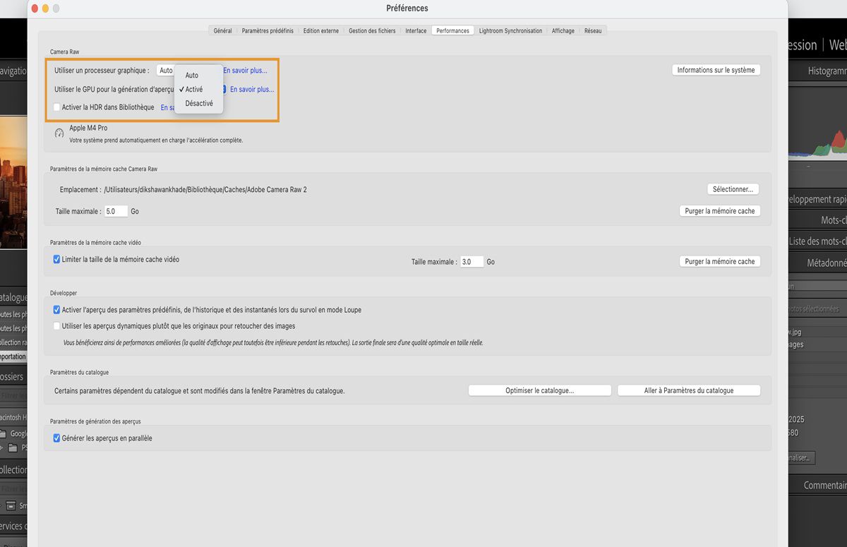 Le panneau des préférences dans Lightroom Classic qui met en évidence la fonctionnalité d’utilisation du GPU pour la génération d’aperçus. 