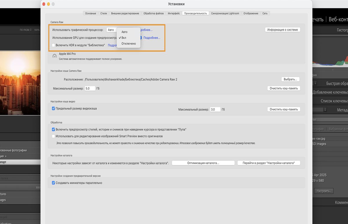 Панель «Установки» в Lightroom Classic, на которой выделена функция использования GPU для создания предварительных просмотров. 