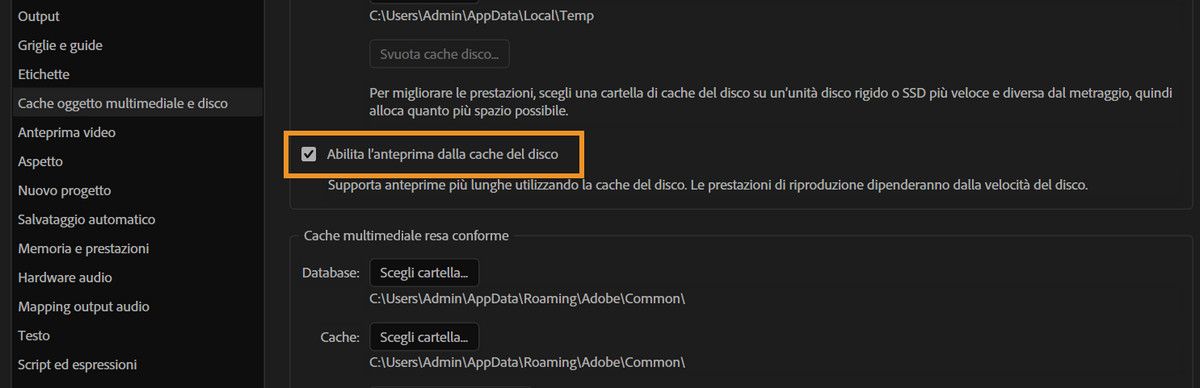 L’opzione Abilita anteprima dalla cache del disco è selezionata nelle preferenze Cache oggetto multimediale e disco.